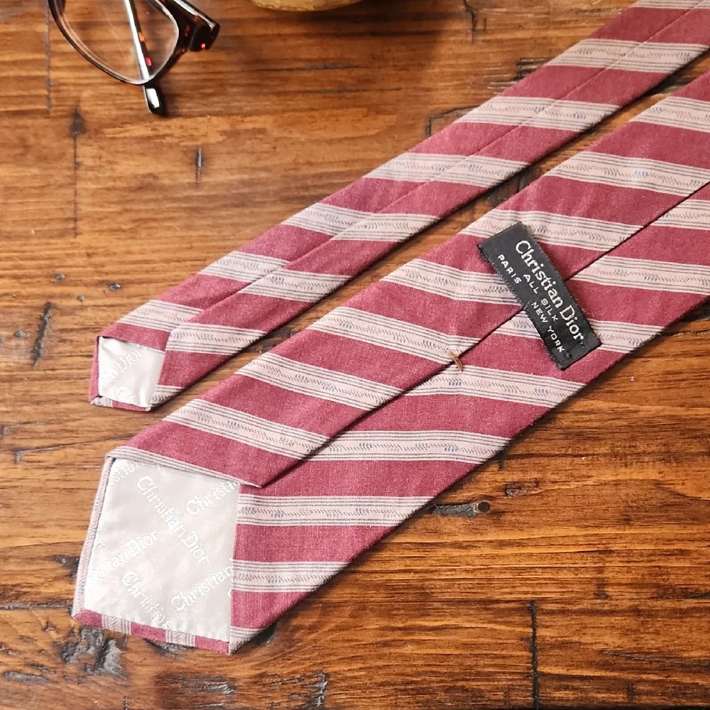 Christian Dior Burgundy and Beige With Navy Accents Striped Tie - Picture 3 of 4